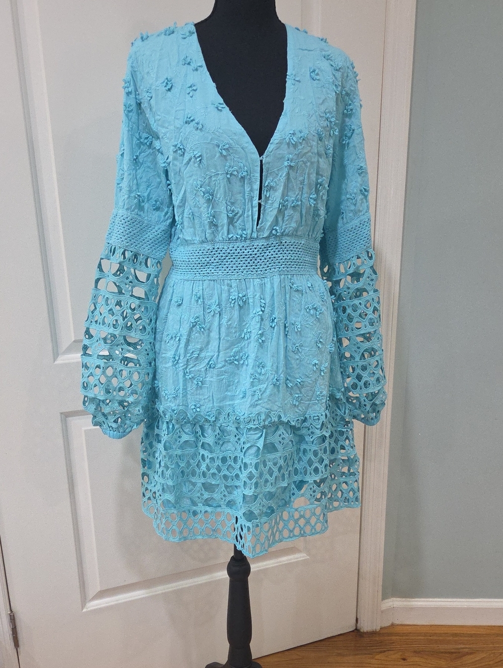 Boston Proper Sky Blue Crochet-Trim Mini Dress
